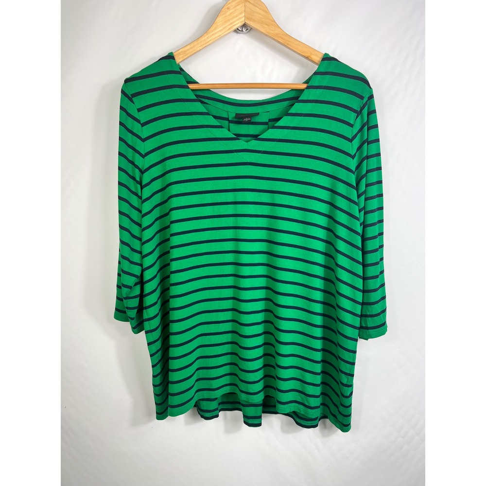 J. Jill Wearever Green‎ Navy Blue Striped V-Neck 3/4 Sleeve Top Womens XL